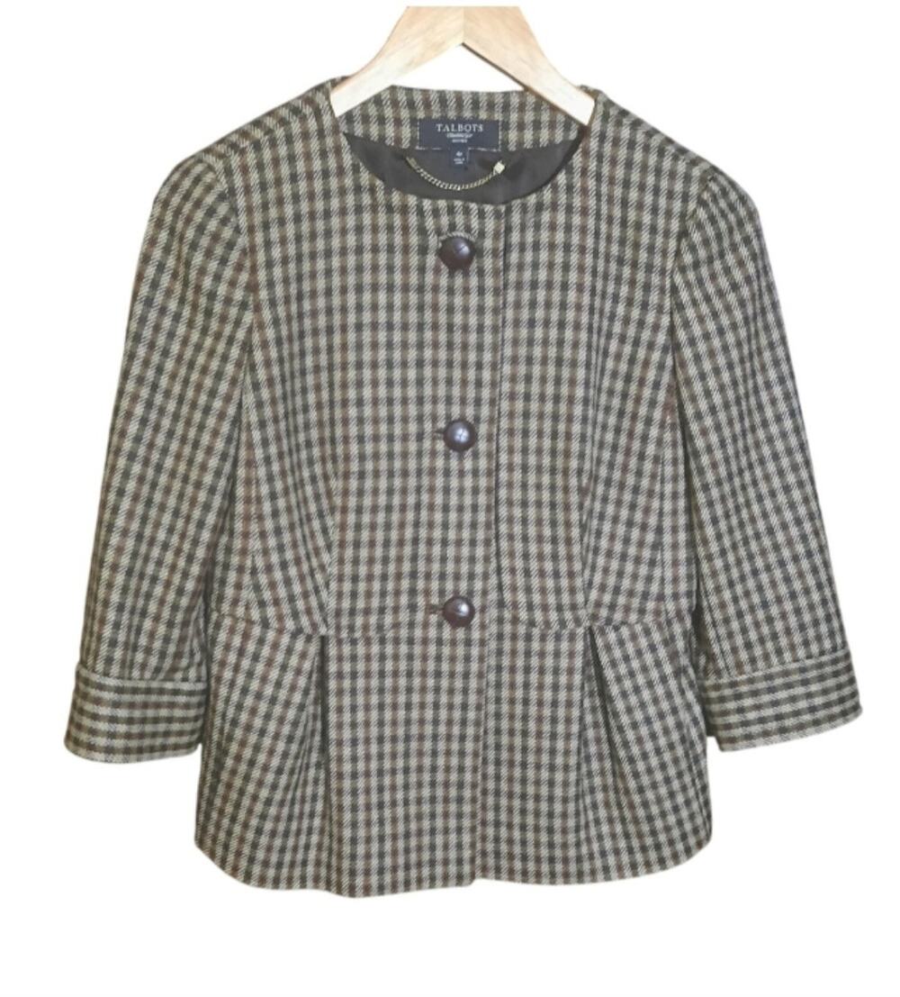 Talbots Womens Brown Wool Plaid 3/4 Sleeve Lined Peplum Swing Blazer Size 4P